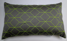 Cargar imagen en el visor de la galería, Gray pillow with green geometric pattern on a white background