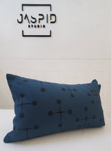 Load image into Gallery viewer, Blue pillow with black dot pattern on a white background, featuring the Jaspid Studio logo.