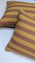 Load image into Gallery viewer, Two striped cushions, one brown and yellow, the other yellow and brown, on a white background.