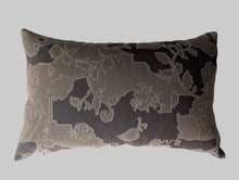 Cargar imagen en el visor de la galería, A rectangular lumbar throw pillow featuring a dark brown and taupe brocade fabric with a raised floral vine pattern, shown against a plain white background.